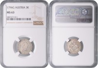 Franz II. 1792 - 1806
3 Kreuzer, 1796 G. in NGC Holder
Nagybanya
Her. 969
MS 63