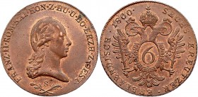 Franz II. 1792 - 1806
6 Kreuzer, 1800 S. Schmöllnitz
13,70g
Her. 1037
stgl