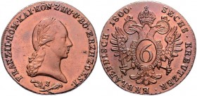 Franz II. 1792 - 1806
6 Kreuzer, 1800 S. Schmöllnitz
15,79g
Her. 1037
vz/stgl