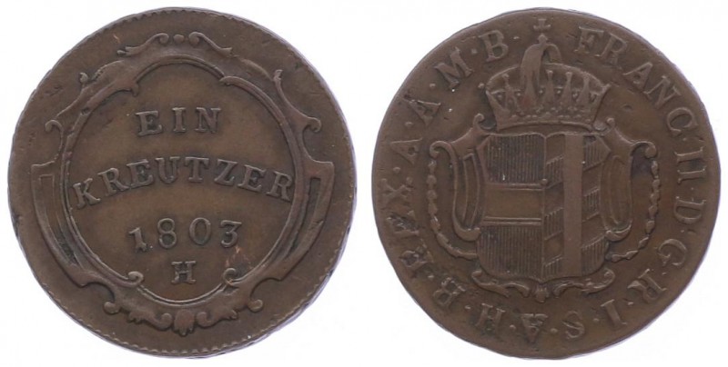 Franz II. 1792 - 1806
Kreuzer, 1803 H. Günzburg
5,48g
Her. 1074
vz