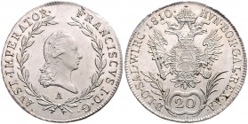 Franz I. 1806 - 1835
20 Kreuzer, 1810 A. Wien
6,68g
Fr. 289
vz/stgl