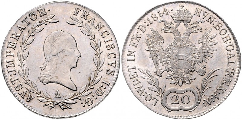 Franz I. 1806 - 1835
20 Kreuzer, 1814 A. Wien
12,39g
Fr. 303
vz/stgl