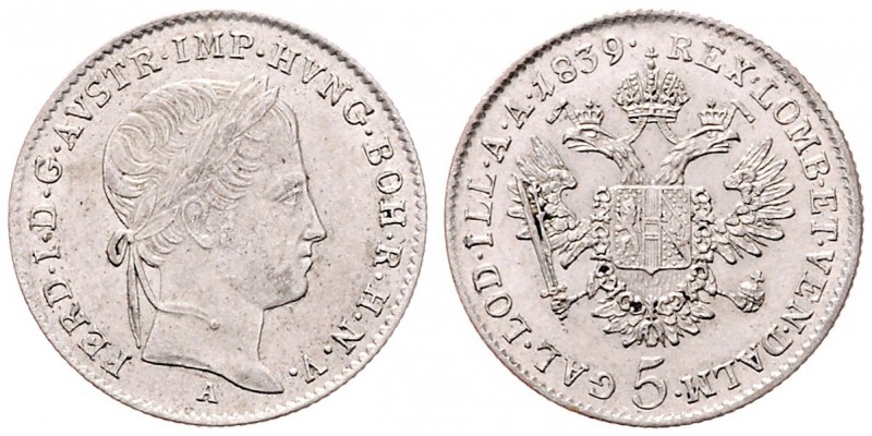 Ferdinand I. 1835 - 1848
5 Kreuzer, 1839 A. Wien
2,14g
Fr. 877
vz