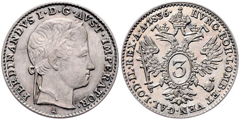 Ferdinand I. 1835 - 1848
3 Kreuzer, 1836 A. Wien
1,73g
Fr. 888
vz/stgl