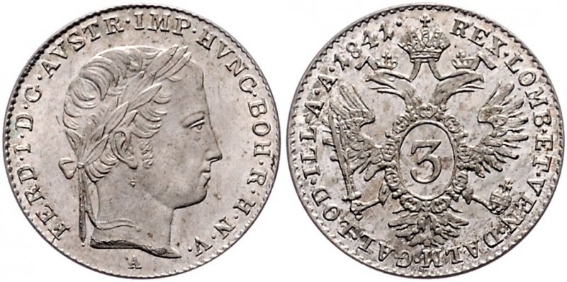 Ferdinand I. 1835 - 1848
3 Kreuzer, 1841 A. Wien
1,72g
Fr. 902
stgl