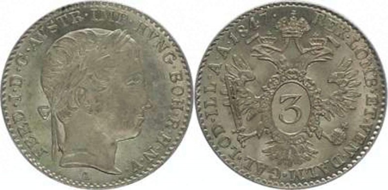 Ferdinand I. 1835 - 1848
3 Kreuzer, 1846 A. Wien
1,67g
Fr. 912
f.vz