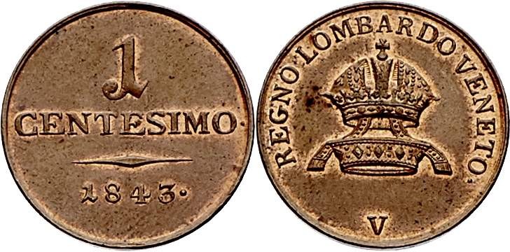 Ferdinand I. 1835 - 1848
1 Centesimo, 1843 V. Venedig
1,91g
Fr. 1066
stgl