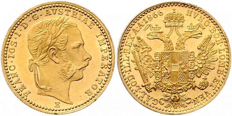 Franz Joseph I. 1848 - 1916
Dukat, 1866 E. Wien
3,49g
Fr. 1221
f.stgl