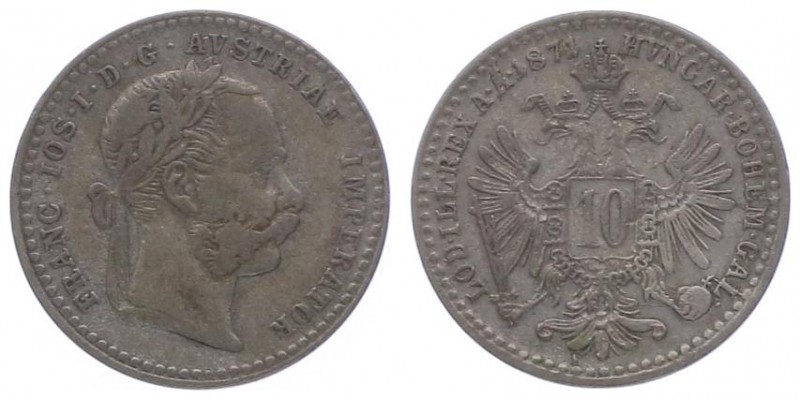 Franz Joseph I. 1848 - 1916
10 Kreuzer, 1871. Wien
1,68g
Fr. 1604
f.ss