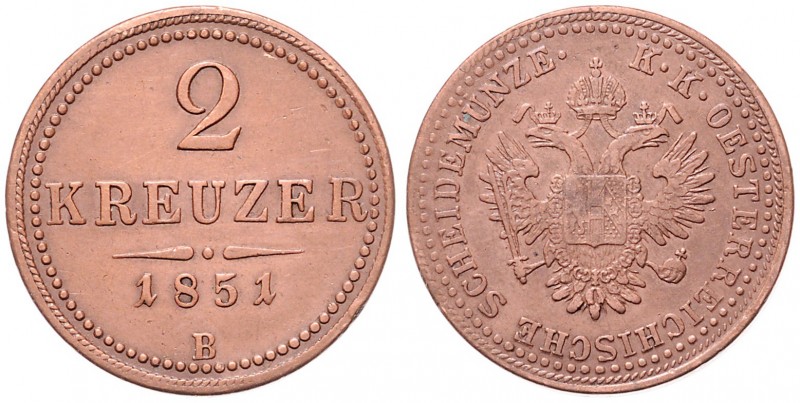 Franz Joseph I. 1848 - 1916
2 Kreuzer, 1851 B. Kremnitz
10,98g
Fr. 1635
ss/ss+