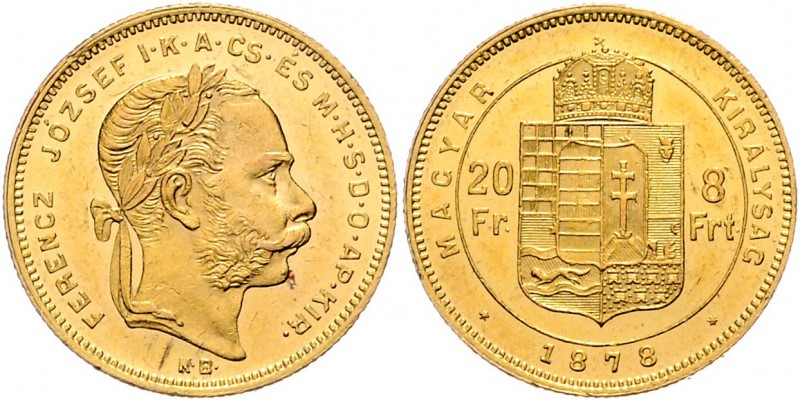 Franz Joseph I. 1848 - 1916
8 Forint, 1878 KB. Kremnitz
6,47g
Fr. 1725
f.vz/vz