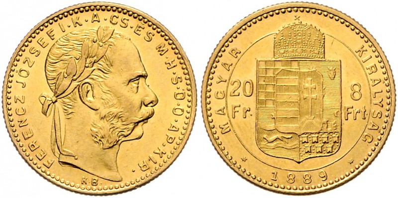 Franz Joseph I. 1848 - 1916
8 Forint, 1889 KB. Kremnitz
6,47g
Fr. 1737
f.vz/vz