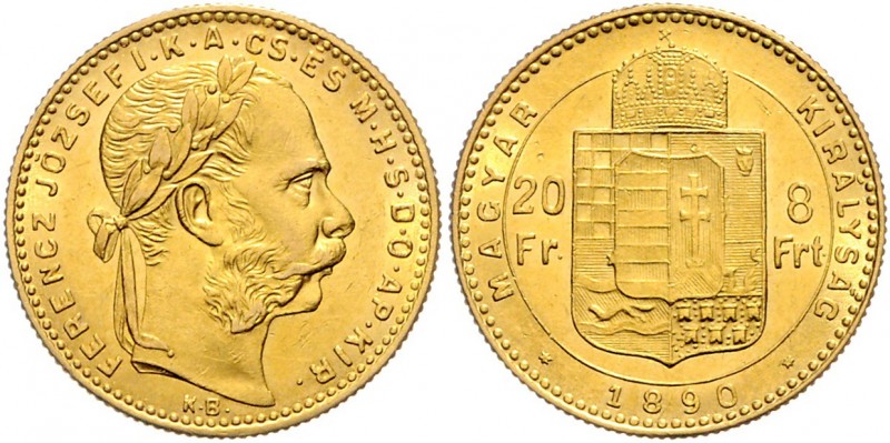 Franz Joseph I. 1848 - 1916
8 Forint, 1890 KB. Kremnitz
6,46g
Fr. 1738
vz