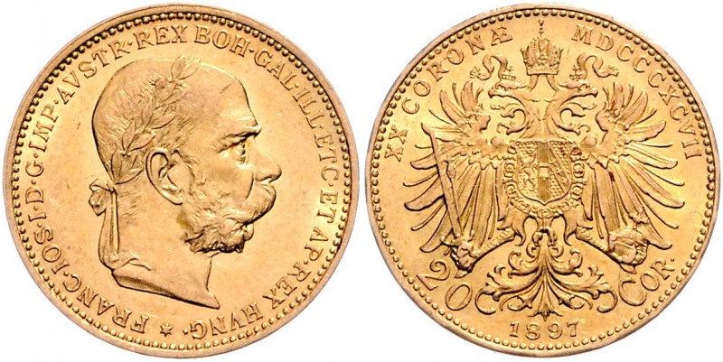 Franz Joseph I. 1848 - 1916
20 Kronen, 1897. Wien
6,79g
Fr. 1929
vz