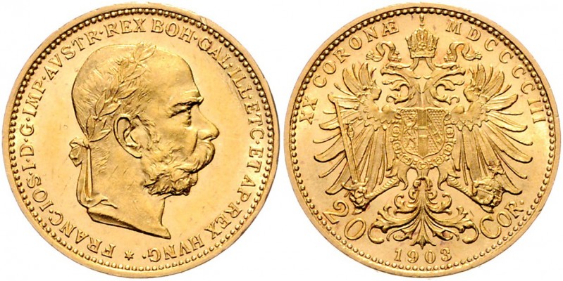 Franz Joseph I. 1848 - 1916
20 Kronen, 1903. Wien
6,78g
Fr. 1935
vz/stgl