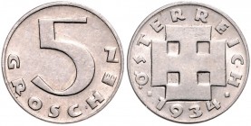 5 Groschen, 1934
1. Republik 1918 - 1933 - 1938. Wien. 3,05g
Her. 59
stgl