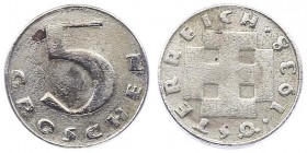 5 Groschen, 1938
1. Republik 1918 - 1933 - 1938. Wien. 3,00g
Her. 62
Fälschung, 2,7g
ss