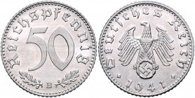 50 Reichspfennig, 1941 B
im 3. Reich 1933 - 1945. Wien. 1,34g
Her. 9
stgl/EA