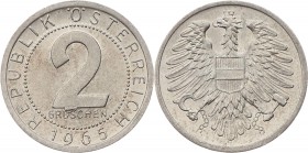 2 Groschen, 1965
2. Republik 1945 - heute. Wien. 0,90g
Stempelfehler bei "OS" von Groschen
ss/vz