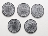 Lot 5 Stück 10 Groschen, 1949
2. Republik 1945 - heute. Wien. a. ca 3,50g
Her. 91
stgl