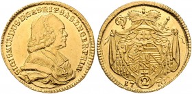 Sigismund Christoph Graf Schrattenbach 1753 - 1771
Salzburg - Erzbistum. 2 Dukaten, 1770. Salzburg
6,95g
HZ 2900
vz/stgl