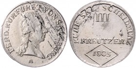 Erzherzog Ferdinand 1803 - 1806
Salzburg - Erzbistum. III Kreuzer, 1805. Salzburg
1,31g
HZ 3425
Schrötlingsfehler
vz