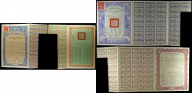 China (2) The 27th Year Gold Loan of the Republic of China (1938) $5 US, Blue with red/orange panel at top left, some folds, Near VF with 12 coupons, ...
