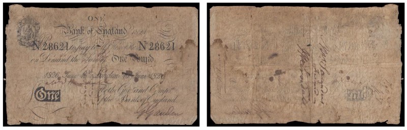 One Pound Henry Hase 10 June 1826 serial No. 28621 B201c Very Good

Estimate: ...