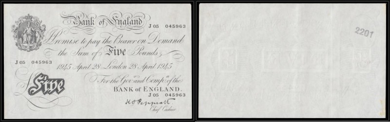 Five Pounds Peppiatt White note London branch dated 28 April 1945 the date on wh...