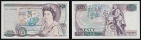Twenty Pounds Somerset QE2 pictorial & William Shakespeare B351 Purple & Green issue 1984 FIRST RUN and a VERY LOW serial number 01A 000104, GEF - abo...