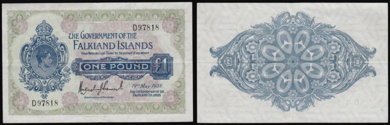 Falkland Islands one pound dated 19th May 1938, George VI portrait, Pick5, VF to...