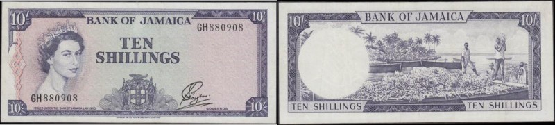 Jamaica 10 Shillings Pick 51Bb Law of 1960 (1964) variety with English motto bel...