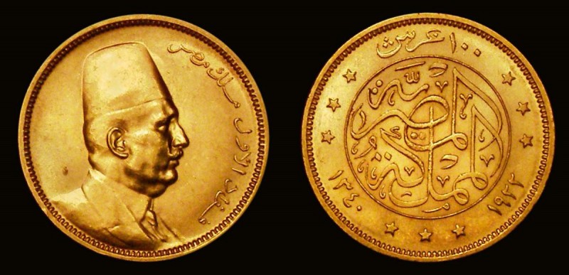 Egypt 100 Piastres Gold 1922 (AH1340) KM#341 GEF/AU with some tiny rim nicks, a ...