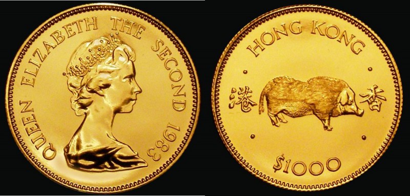 Hong Kong $1000 Gold 1983 Year of the Pig KM#51 UNC with full mint lustre, uncas...