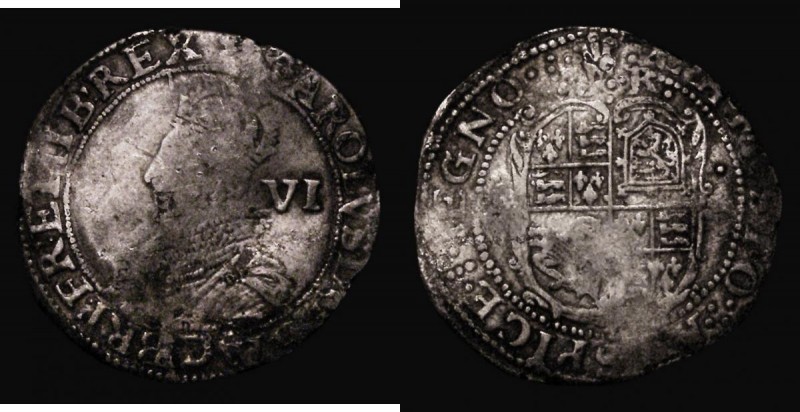 Sixpence Charles I Group C, Third Bust, type 2a, Reverse: Oval Garnished Shield ...