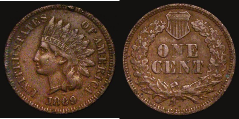 USA One Cent 1869 the 9 of the date in slightly doubled Breen 1976 Fine with som...