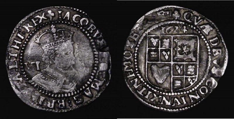 Sixpence James I 1624 Third Coinage, Sixth Bust, S.2670 mintmark Trefoil, 2.47 g...