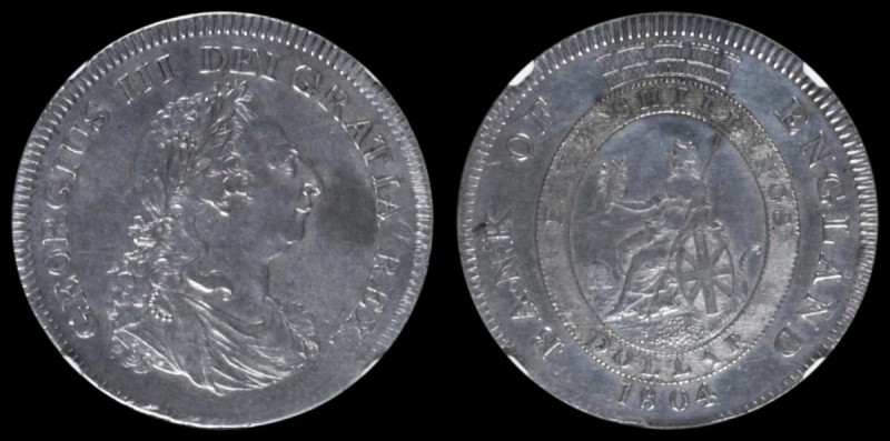 Dollar Bank of England 1804 Obverse A, Reverse 2b, Inverted Incuse K below shiel...