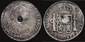 Dollar George III Oval Countermark on a Bolivia 8 Reales 1791 PTS ESC 131, Bull 1855 Countermark NVF, host coin About Fine with an unusual irregularly...
