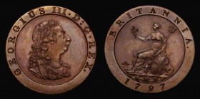 Farthing 1797 Copper Pattern Restrike, Obverse: The lowest berry has no stalk, and the leaf veins are omitted, Reverse: No SOHO on the rock, with tria...