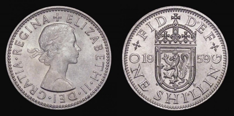 Shilling 1959 Scottish ESC 1475Z, Bull 4502 UNC and lustrous with a hint of gold...