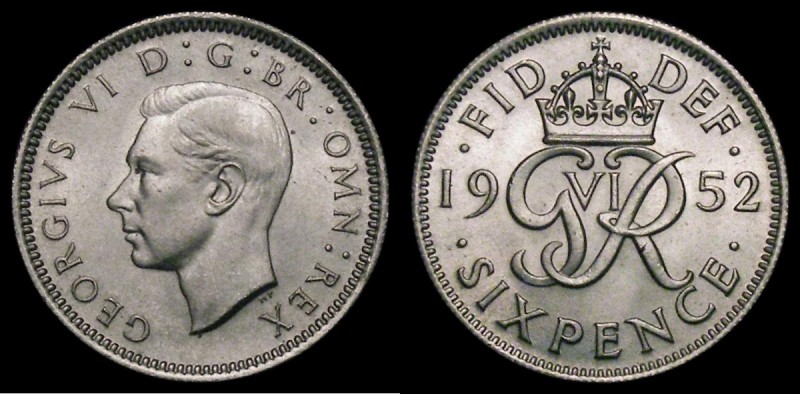 Sixpence 1952 ESC 1838F, Bull 4266 UNC with a few light contact marks, the key d...