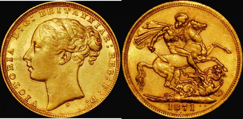 Sovereign 1871S George and the Dragon, WW buried in truncation, Small B.P., S.38...