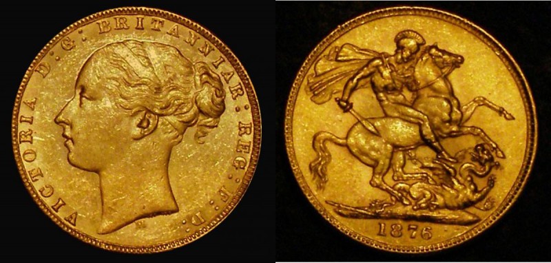 Sovereign 1876M George and the Dragon, Marsh 98, NEF with some contact marks, th...