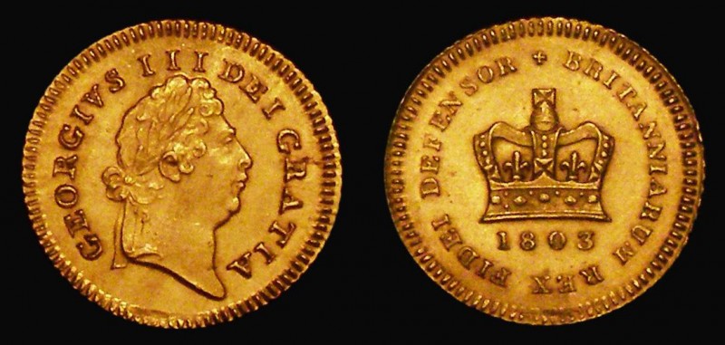 Third Guinea 1803 S.3739 EF with a tiny flan flaw by the R of GRATIA, high grade...