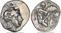 CALABRIA. Tarentum. Ca. 380-280 BC. AR diobol (13mm, 4h). NGC VF, brushed. Ca. 325-280 BC. Head of Athena right, wearing crested Attic helmet decorate...