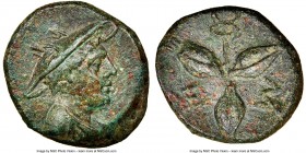 LUCANIA. Metapontum. Ca. 300-250 BC. AE (13mm, 1.97 gm, 3h). NGC AU 5/5 - 4/5. Draped bust of Hermes right wearing winged petasus / M-E three grains a...