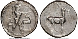 BRUTTIUM. Caulonia. Ca. 475-410 BC. AR stater (20mm, 5h). NGC VF, brushed, overstruck. KAVA, nude Apollo striding right, laurel branch in upraised rig...