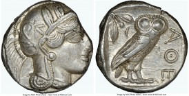 ATTICA. Athens. Ca. 440-404 BC. AR tetradrachm (24mm, 17.22 gm, 11h). NGC AU 3/5 - 5/5. Mid-mass coinage issue. Head of Athena right, wearing crested ...