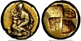 MYSIA. Cyzicus. Ca. 450-350 BC. EL 1/24 stater or myshemihecte (7mm, 0.67 gm). NGC VF 5/5 - 3/5, brushed. Male figure (Odysseus or Phrixus?) kneeling ...